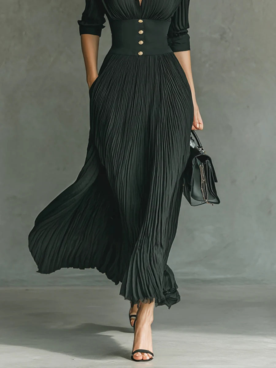 ATHENA/ VESTIDO LARGO PLISADO CON CINTURA ALTA