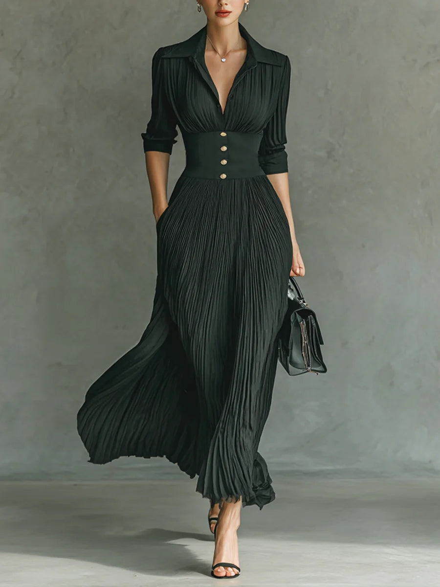 ATHENA/ VESTIDO LARGO PLISADO CON CINTURA ALTA