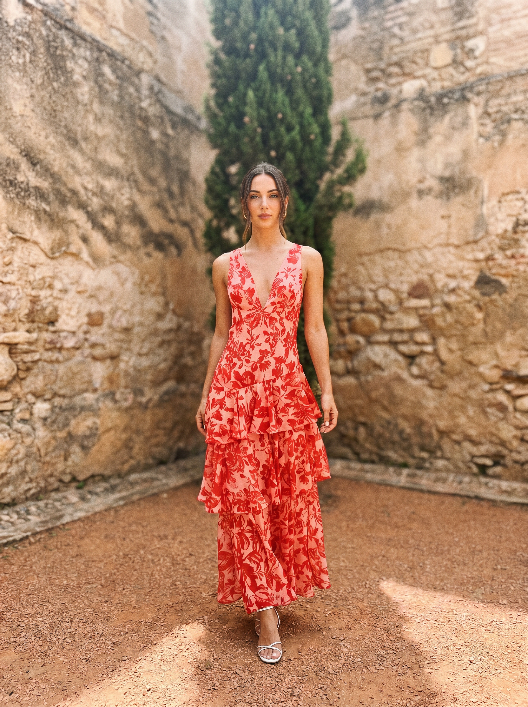 Vestido con Estampado Floral y Escote Profundo